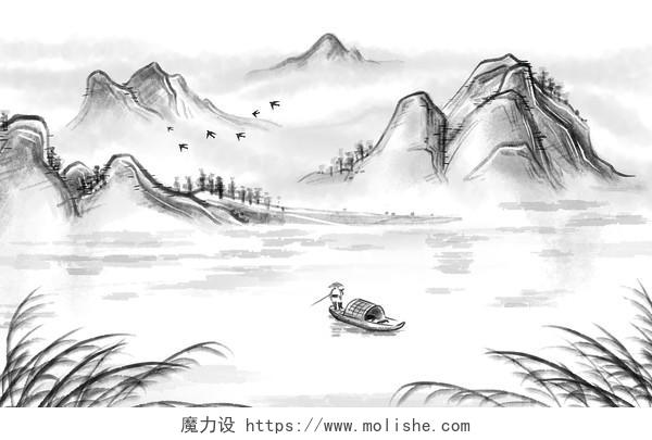 中国山水画 古风山水插画 简易水墨画 PNG素材古风中国风唯美山水风景